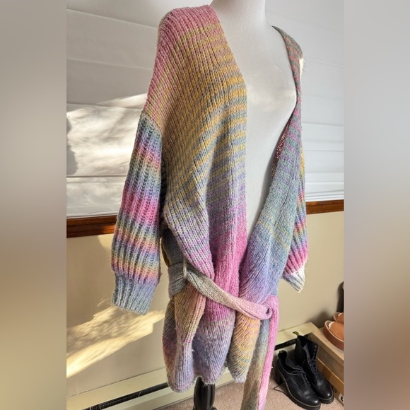 Rare LoveShackFancy Brady Shawl Pastel Rainbow Oversized Knit Cardigan Belted - Picture 4 of 8